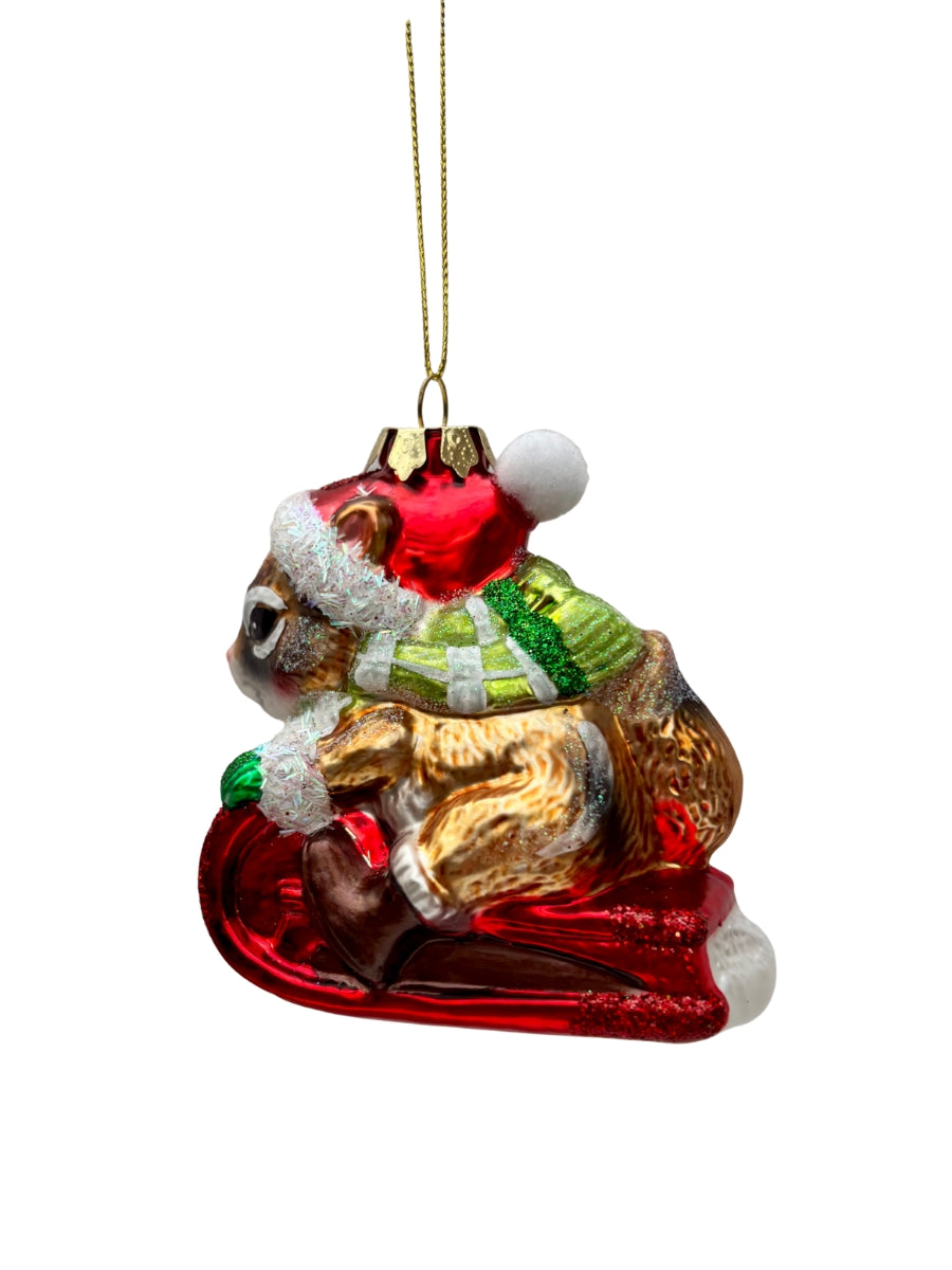 Glass Chipmunk Riding Sleigh Ornament